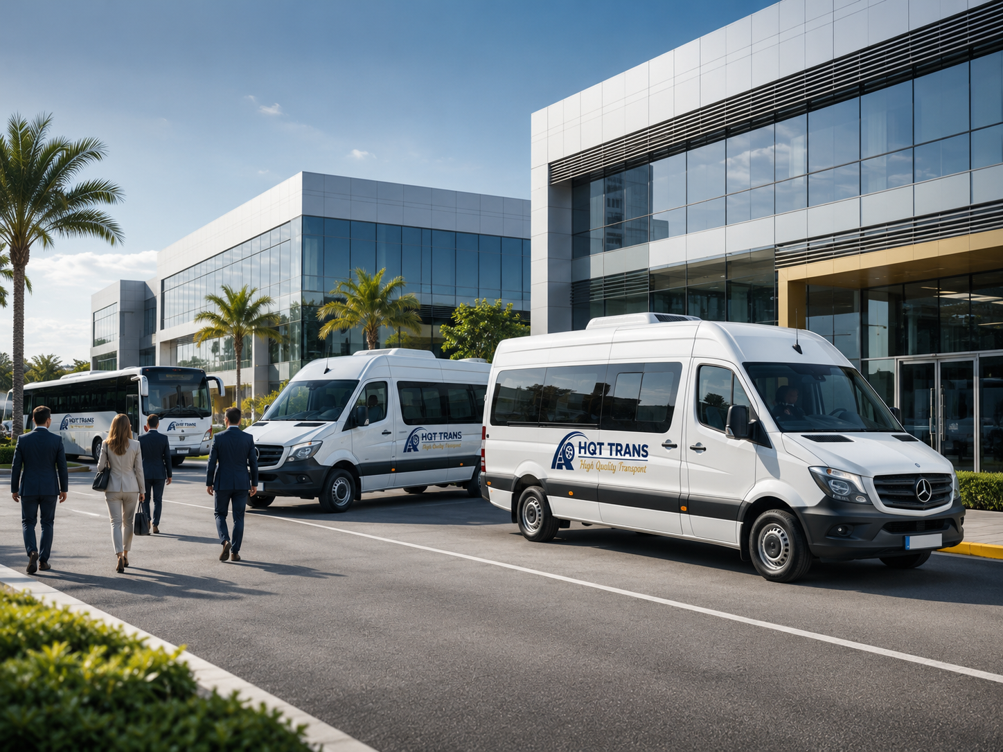 Navettes HQT TRANS devant un site d'entreprise