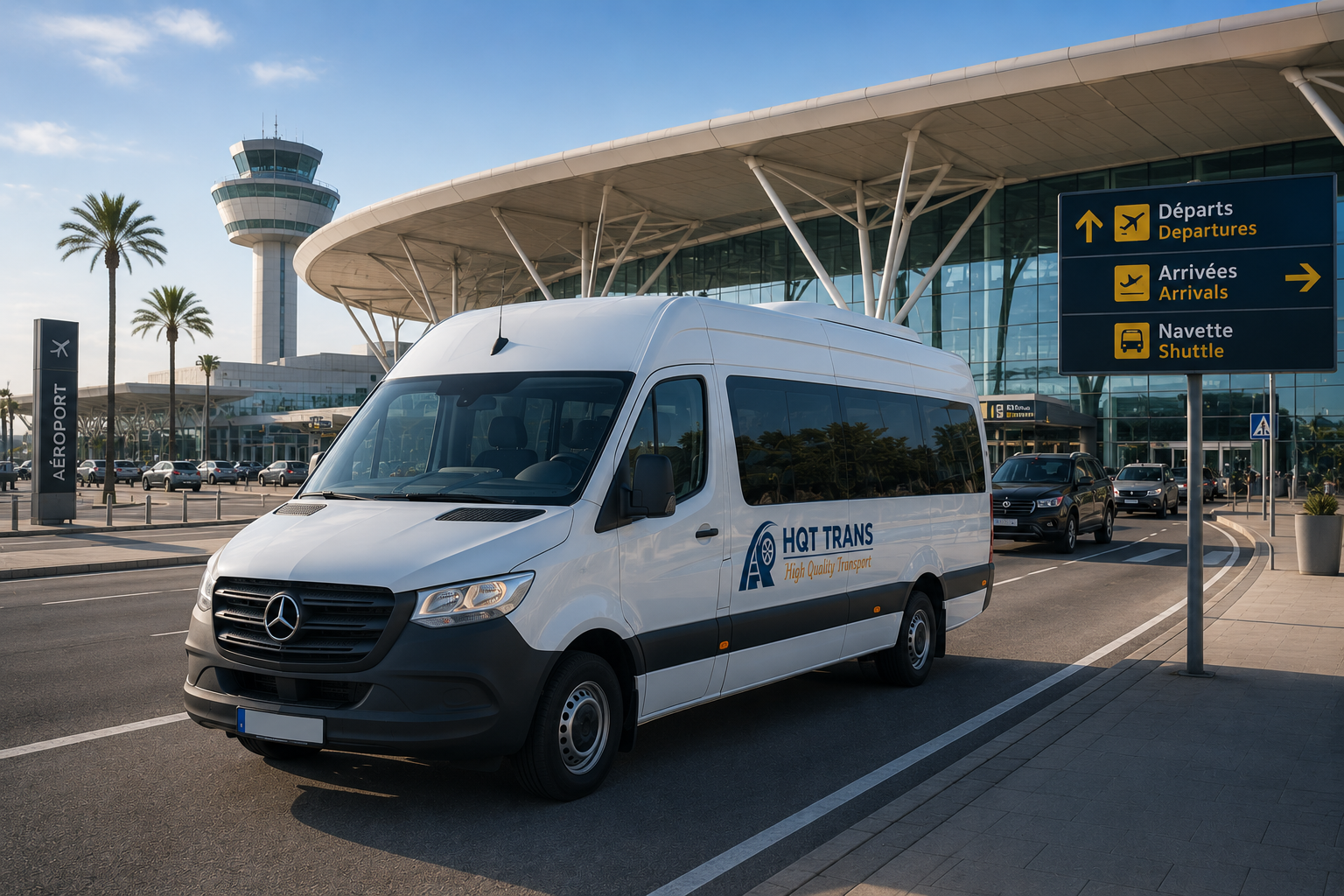 Navette HQT TRANS devant un aéroport