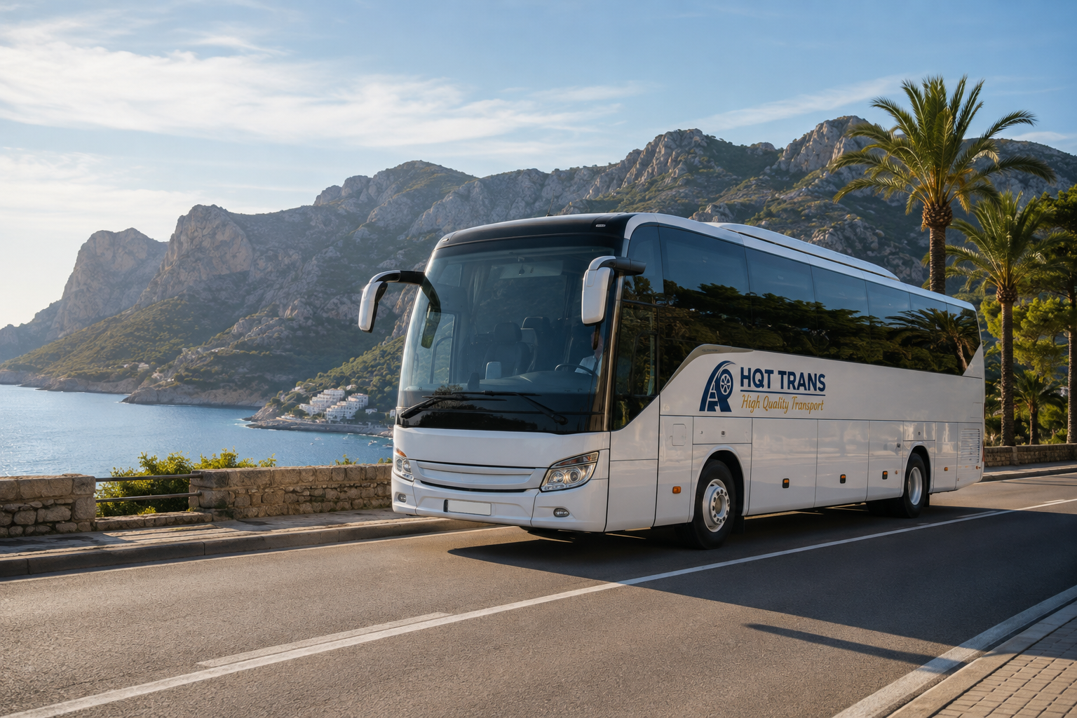 Autocar HQT TRANS sur une route touristique